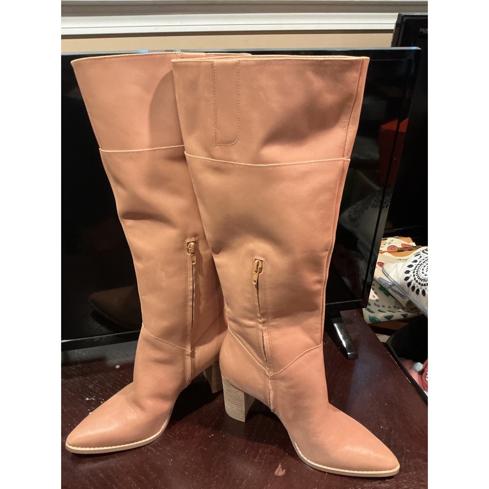 Crown Vintage Nude Tan Leather Knee High Pointed Toe Block Heel Boots Women 8.5M - Picture 6 of 6
